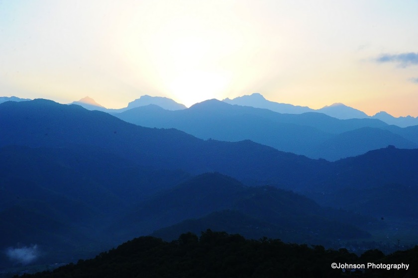 Panoramic view of the Himalayan peaks at sunrise from Sarangkot